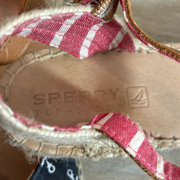 SPERRY Sz 9.5 Canvas Ankle Closure Espadrilles Anchor Pattern Nautical Sandals - Picture 4 of 8